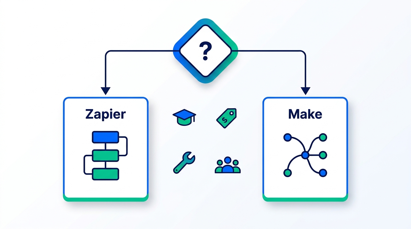 Decision flowchart for choosing between Zapier and Make