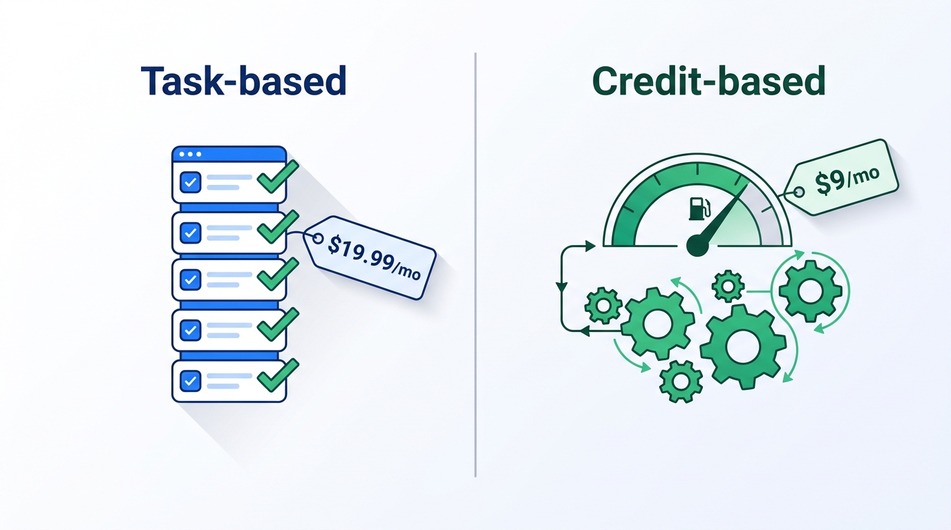 Visual comparison of Zapier's task-based pricing vs Make's credit-based pricing