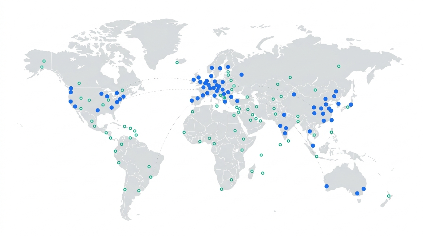 World map showing owned entity versus partner coverage patterns