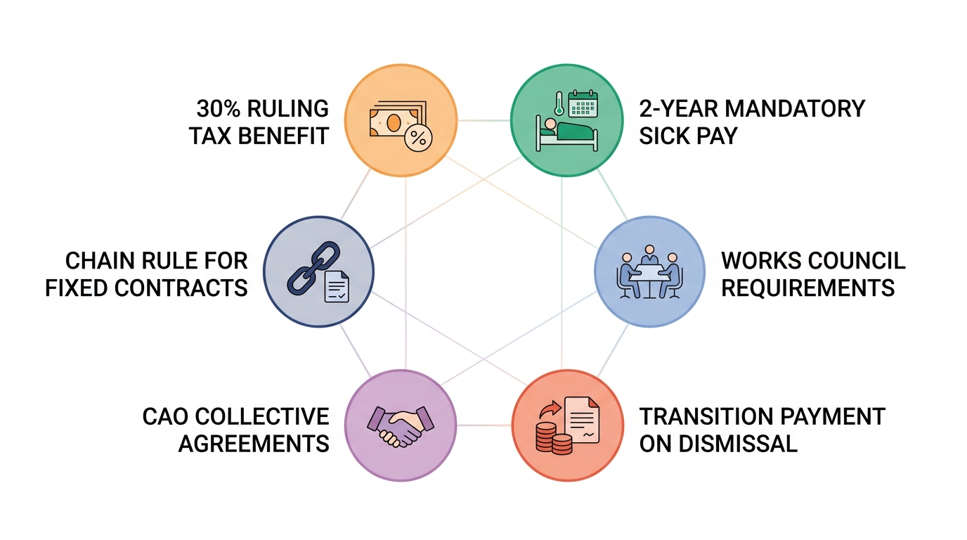 Diagram showing six Dutch employment law complexities: 30% ruling, two-year sick pay, chain rule, works council, CAO, transition payment