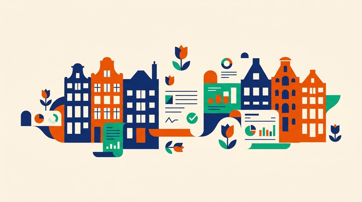 Stylized Amsterdam skyline with employment contract icons illustrating EOR hiring in the Netherlands