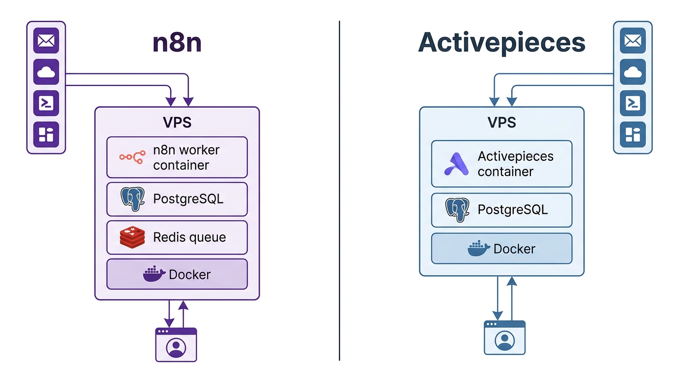 Side-by-side self-hosted architecture for n8n and Activepieces