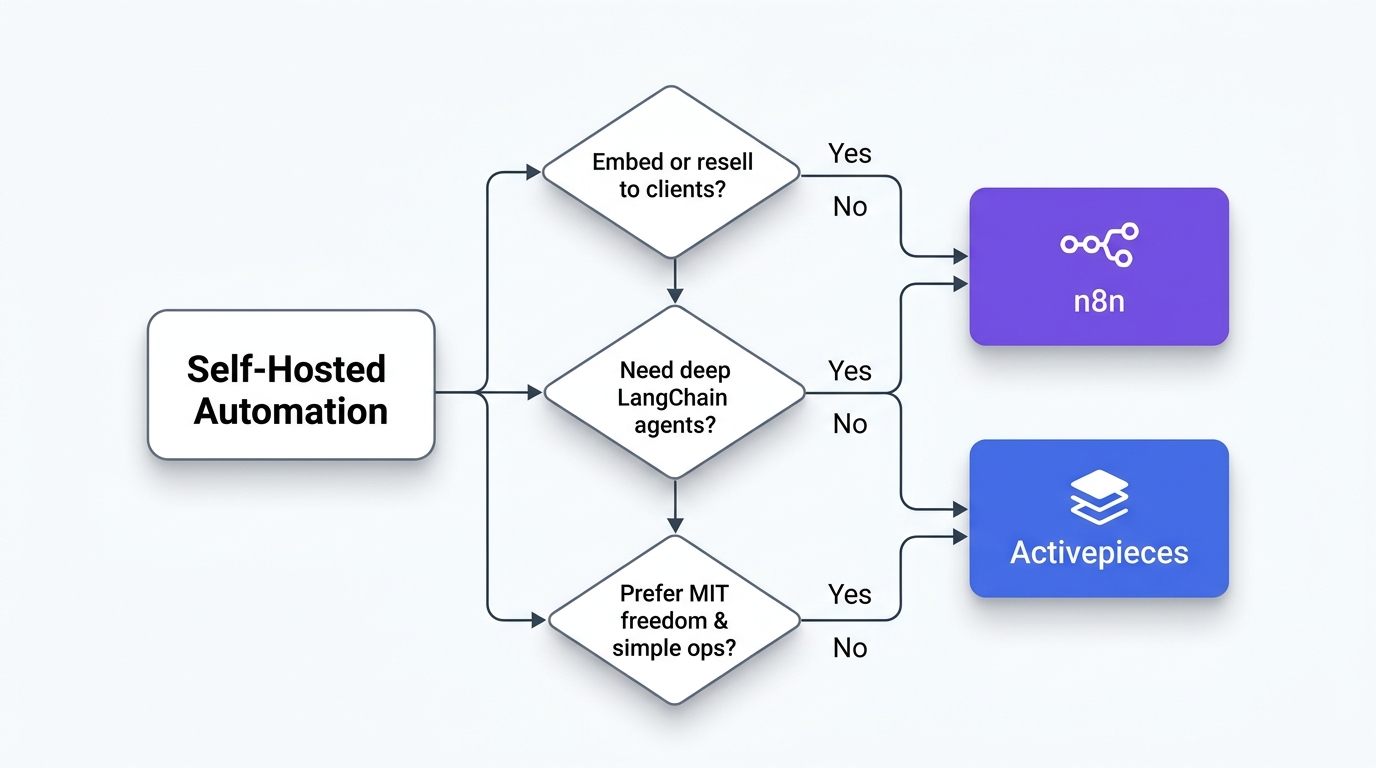Decision flowchart for choosing between n8n and Activepieces