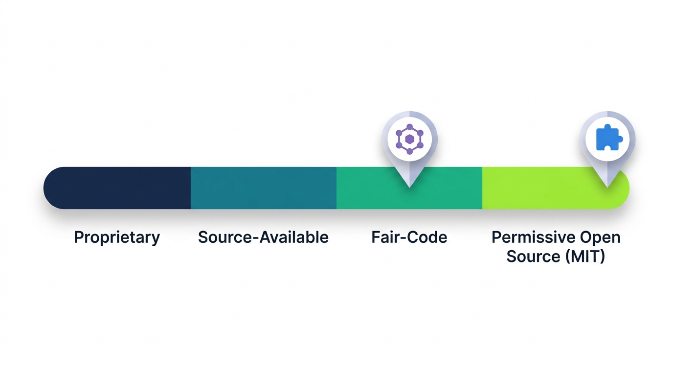 License openness spectrum showing n8n in the fair-code zone and Activepieces at the MIT end