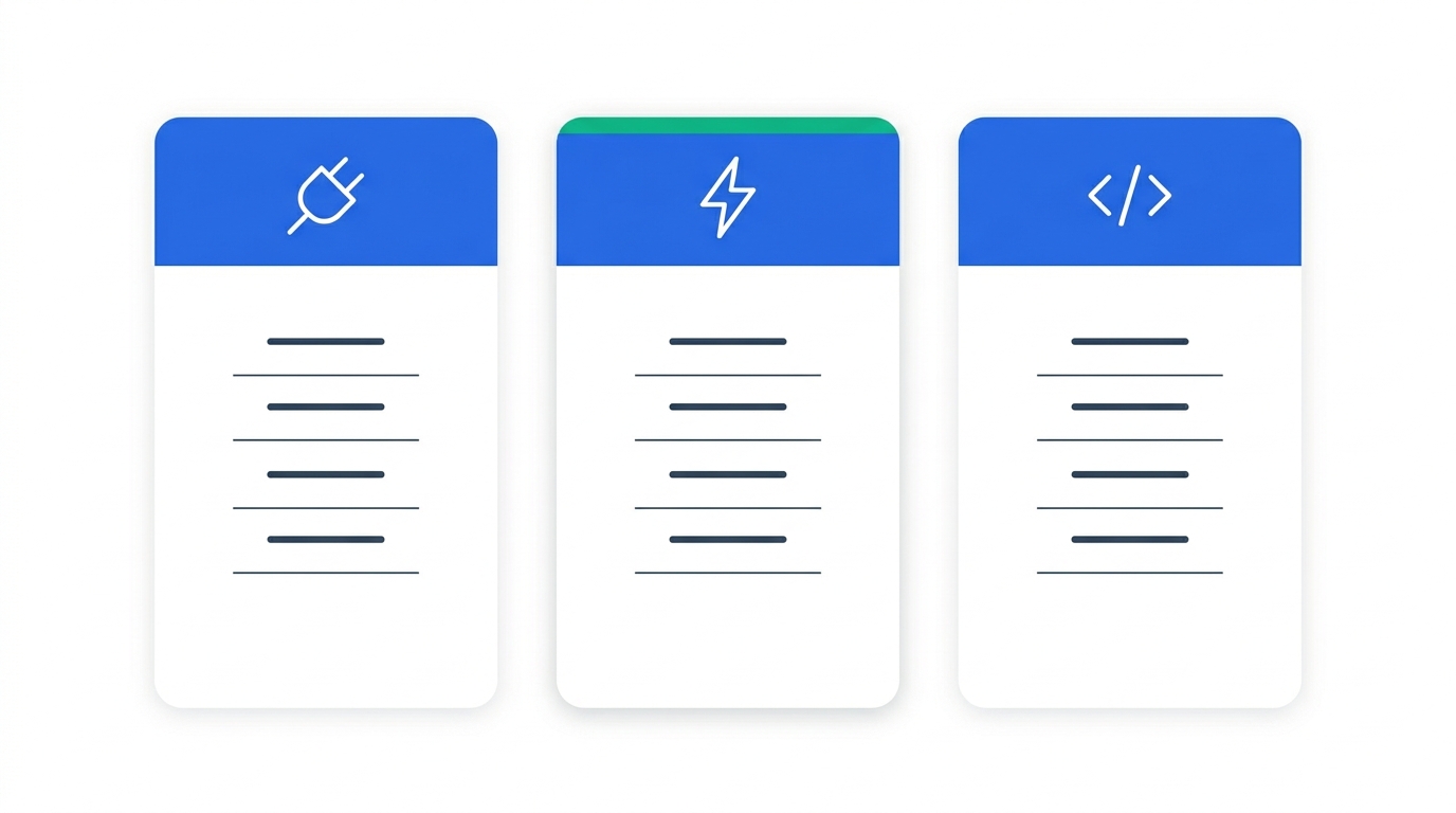 Three columns comparing native connector, automation platform, and API approaches