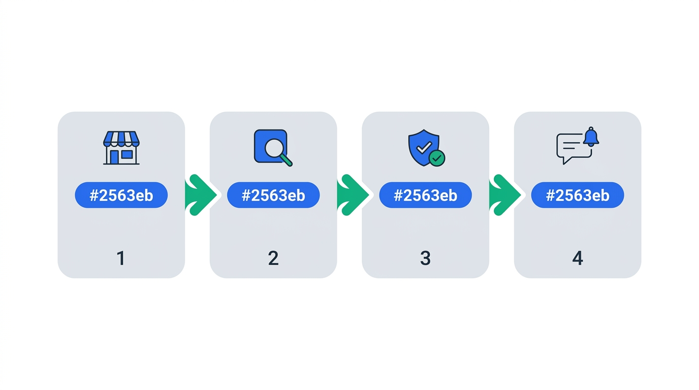 Four-step flow showing the native HubSpot to Slack install: marketplace, find app, approve permissions, configure notifications