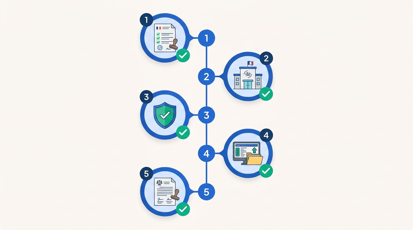 Process flow of French employment compliance steps: pre-employment declaration, URSSAF registration, mutuelle health insurance, monthly DSN payroll filing, and collective agreement alignment