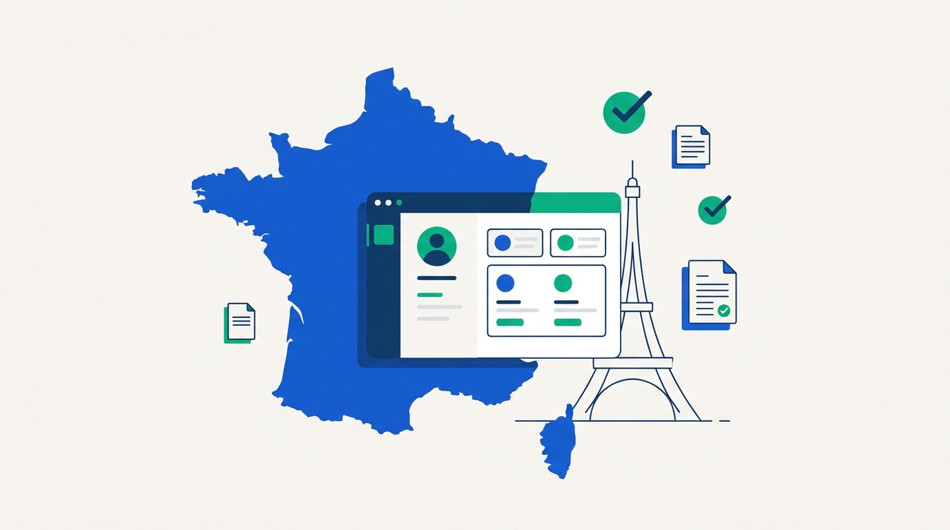 Illustration of hiring employees in France through an Employer of Record, with a France map merging into HR and compliance dashboard elements