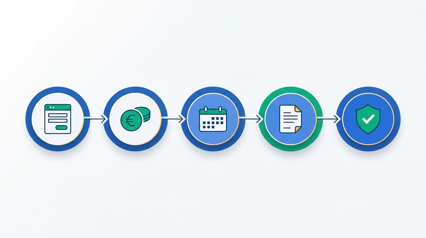 Process flow of Spanish employment compliance steps: social security registration, convenio identification, monthly payroll with 14 payments, IRPF withholding, and severance handling