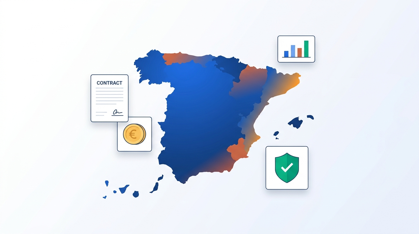 Illustration of hiring employees in Spain through an Employer of Record, with a map of Spain surrounded by HR, payroll, and compliance dashboard elements