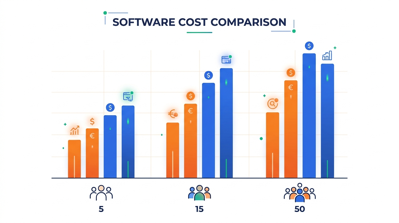 Bar chart comparing estimated monthly cost of Rippling and Gusto at 5, 15, and 50 employees