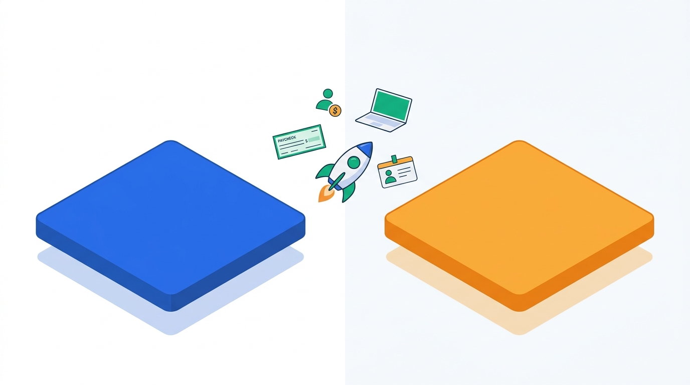 Rippling vs Gusto comparison for startups, showing a payroll platform decision split by company stage
