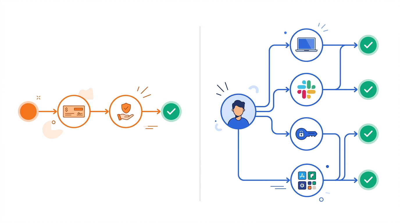 Diagram contrasting Gusto's payroll-and-benefits onboarding with Rippling's unified HR, IT, and app provisioning onboarding