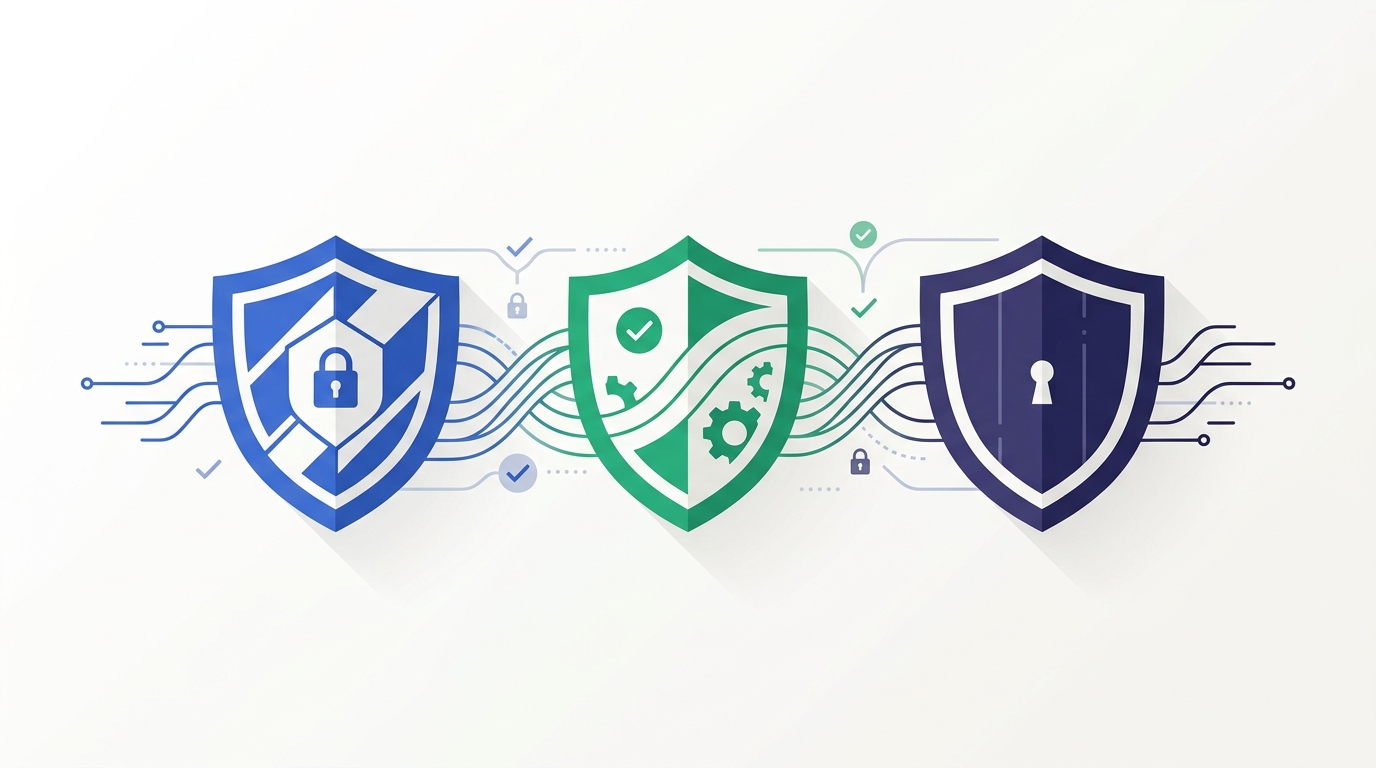 Three compliance platform shields representing Secureframe, Vanta, and Drata side by side