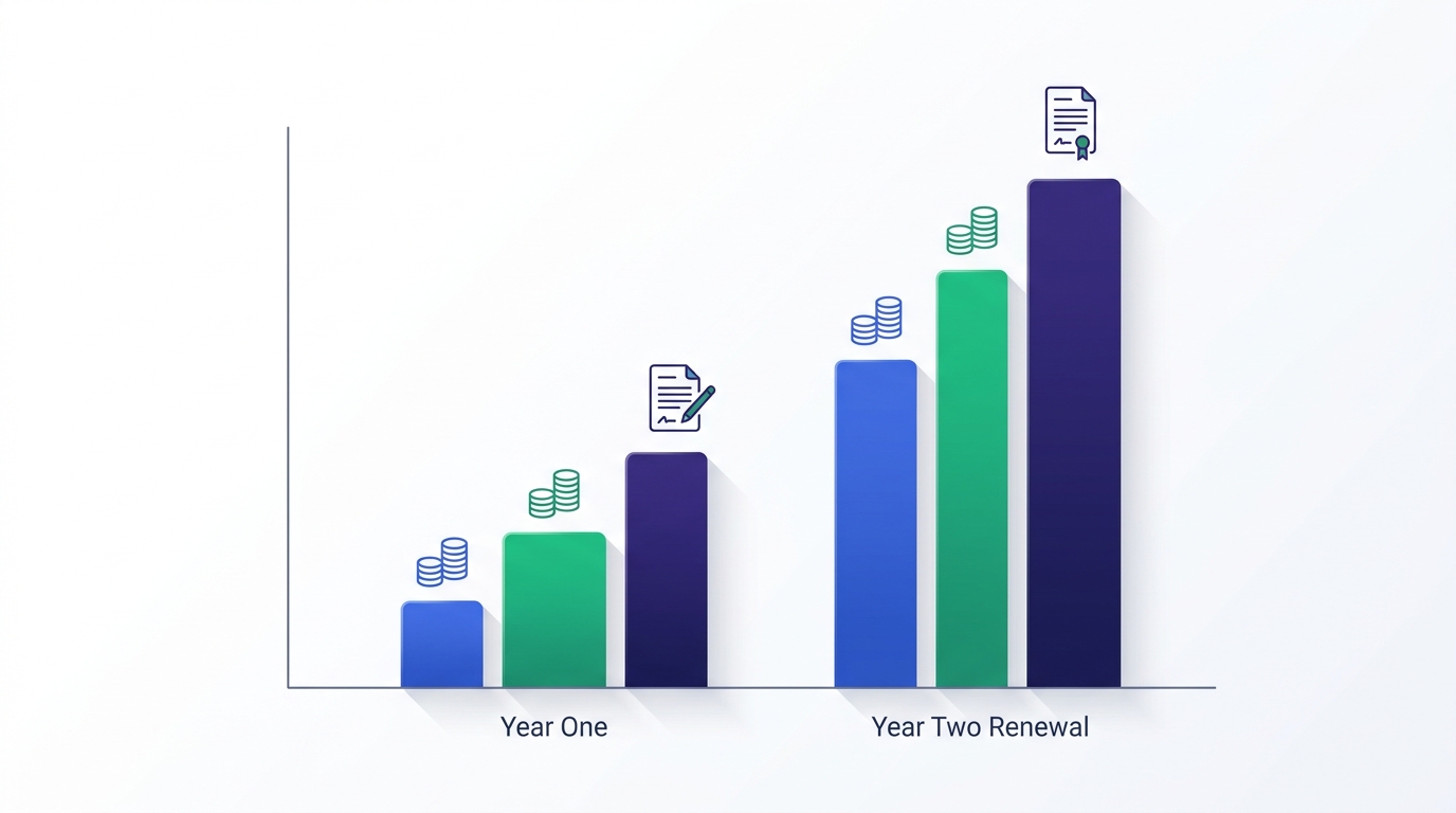 Chart showing total cost of ownership rising from year one to a taller year-two renewal bar