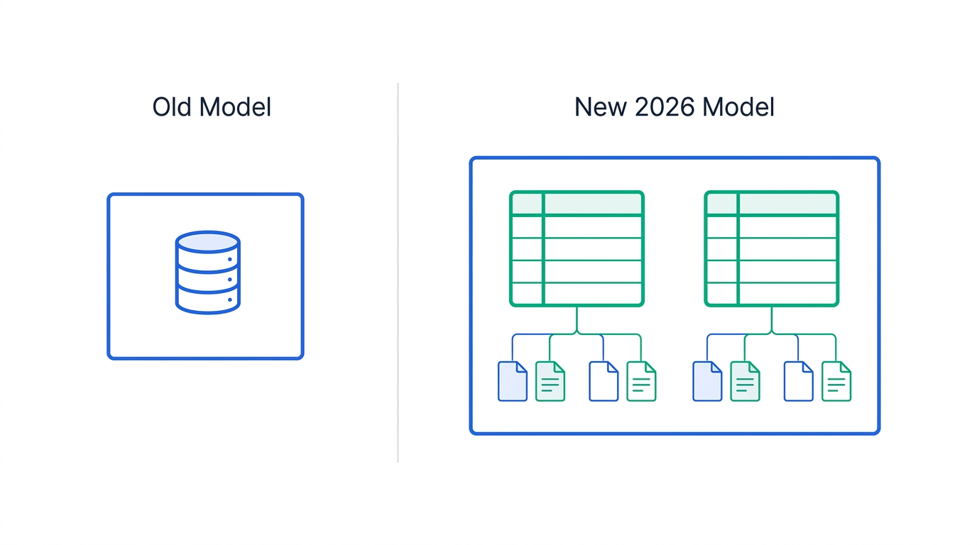 Diagram comparing the old single-database model to the new 2026 model where a database contains multiple data sources, each holding pages