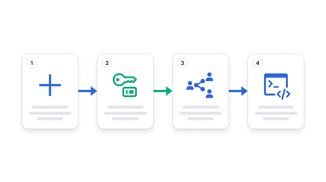 Diagram of the Notion integration setup flow: create integration, copy token, share page, first API call