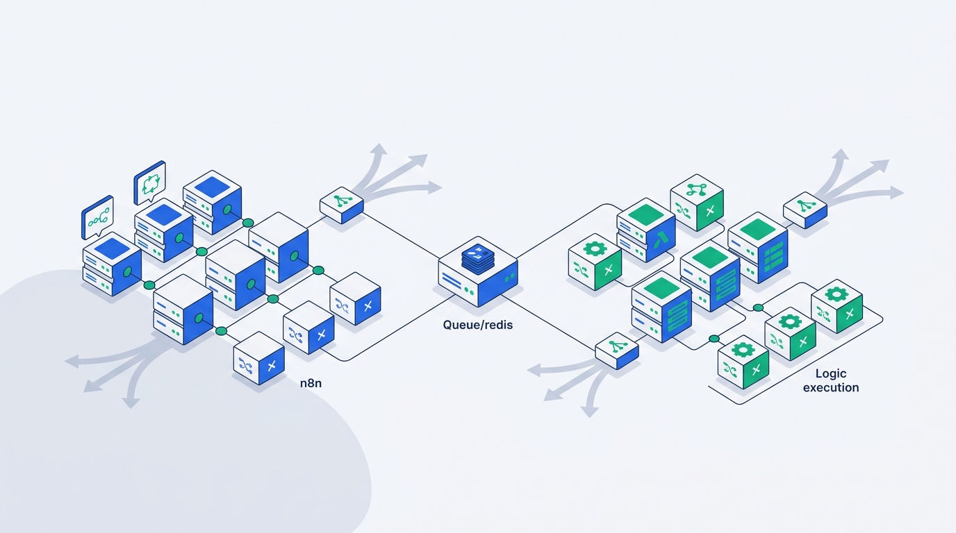 Two automation platforms scaling horizontally with multiplying worker nodes around a central queue