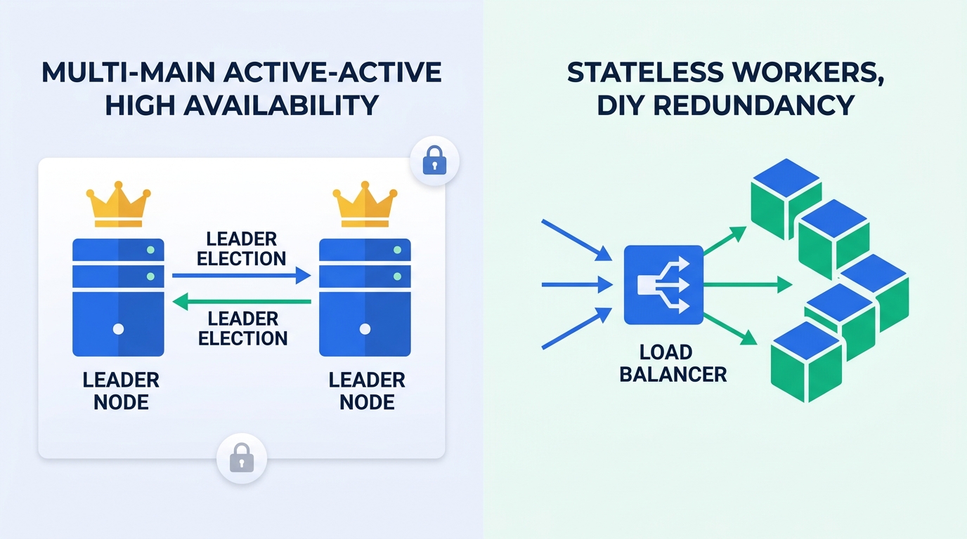 Comparison: n8n multi-main active-active high availability behind a license lock versus Activepieces stateless workers behind a load balancer
