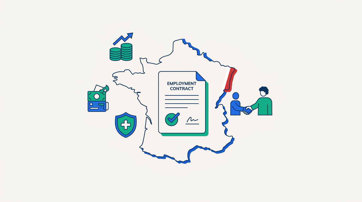 Illustration of hiring an employee in France through an Employer of Record, showing a contract, payroll and social security icons connecting a global company to a French worker