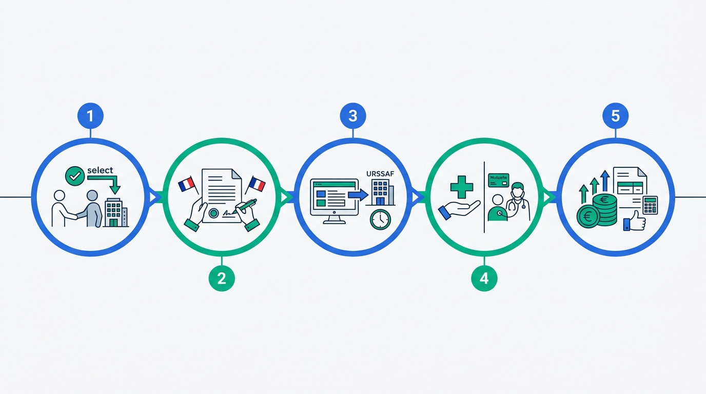 Timeline of onboarding a French employee via an EOR: choose provider, sign contract, DPAE registration, mutuelle and health visit, first payroll