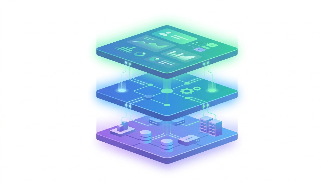 Abstract illustration of three stacked technology layers connected by thin lines, representing a modern sales stack