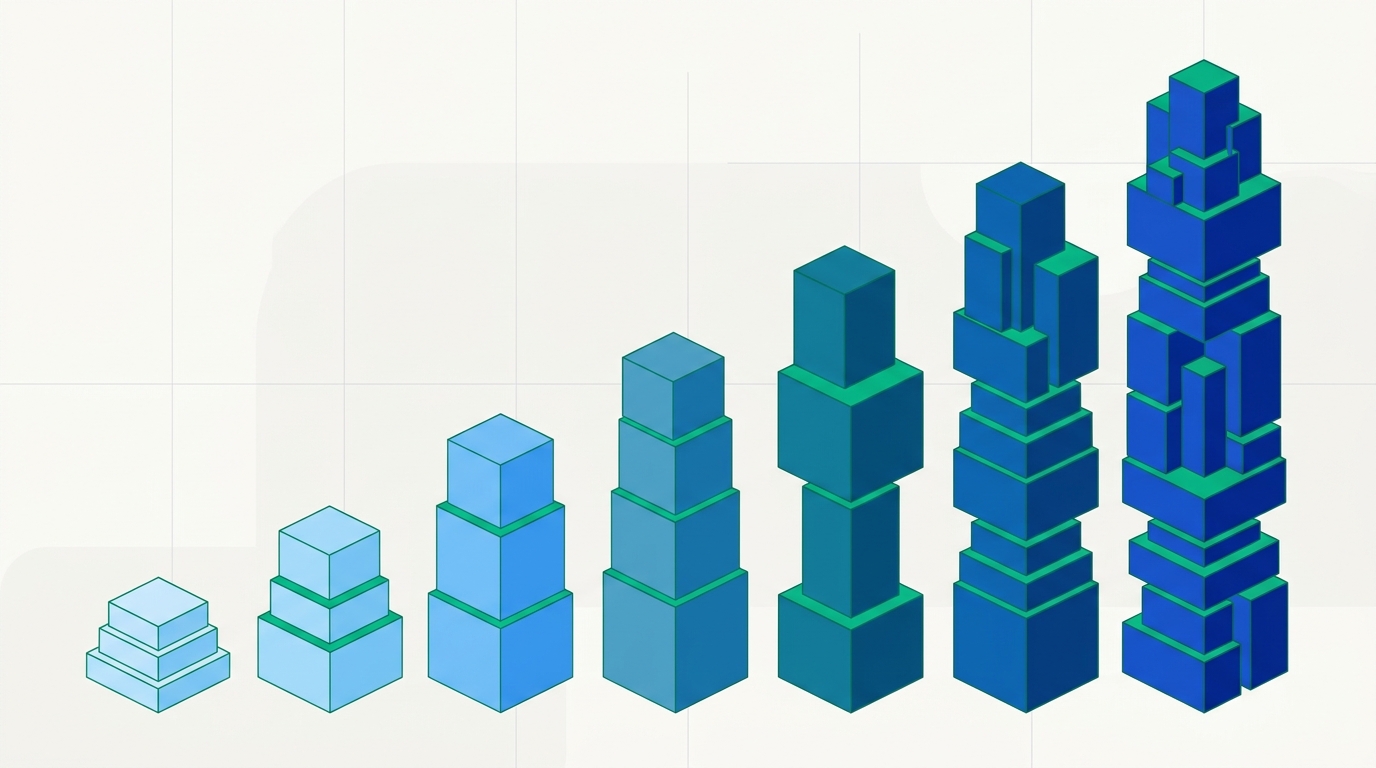 Abstract illustration of ascending stacked geometric blocks growing taller from left to right in blue and emerald tones, representing rising cost and complexity