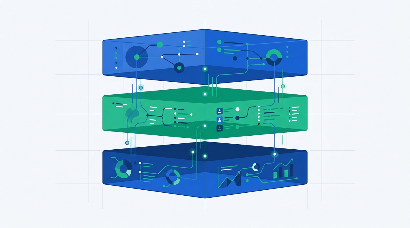 Abstract illustration of three connected translucent layers representing a modern sales technology stack, in blue and emerald tones