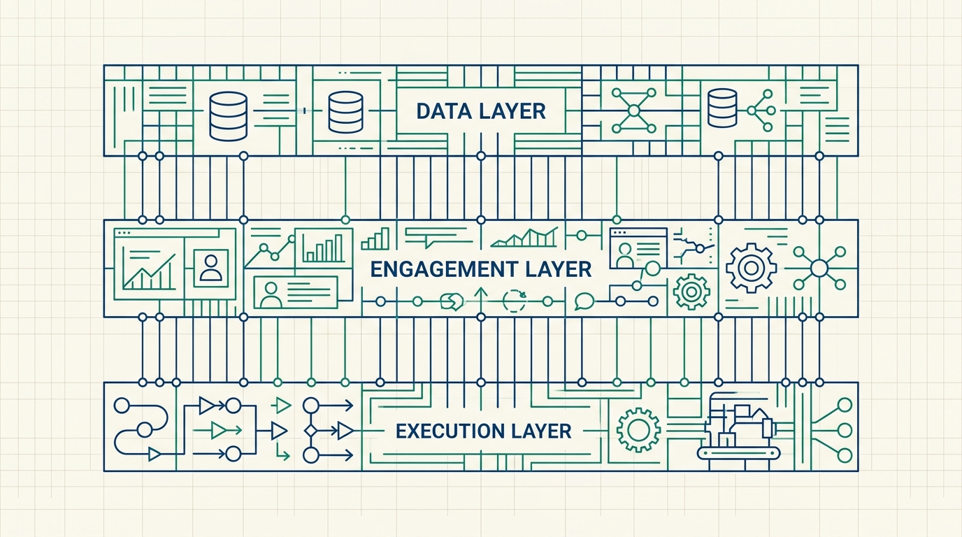 Minimalist blueprint-style diagram of three stacked horizontal layers connected by vertical lines, representing a data layer, engagement layer, and execution layer