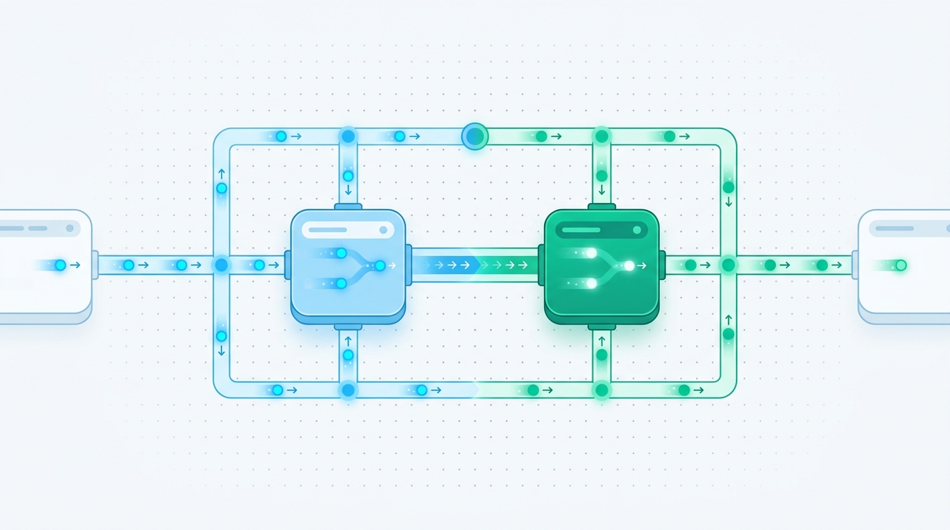 Abstract illustration of glowing data streams flowing through connected nodes between three rounded platform shapes, in blue and emerald tones