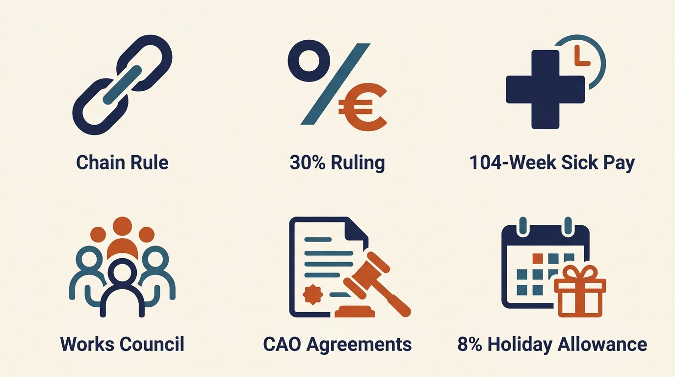 Icon grid of six Dutch employment law complexities for foreign employers: the chain rule, the 30% ruling, 104 weeks of mandatory sick pay, works councils, CAO collective agreements, and the 8% holiday allowance