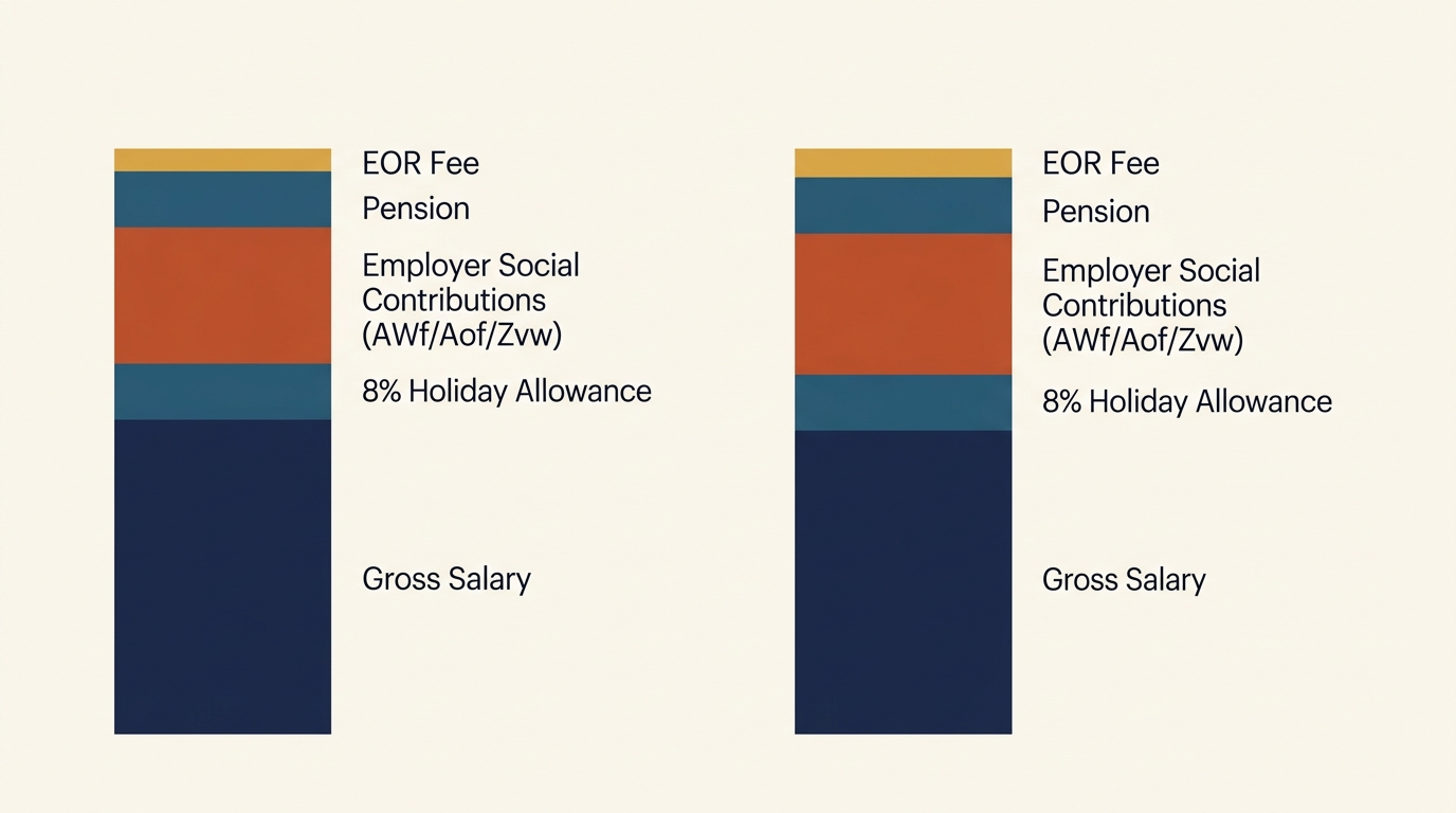 Stacked bar chart showing the components of hiring an employee in the Netherlands through an EOR: gross salary, 8 percent holiday allowance, AWf, Aof and Zvw employer contributions, pension, and the EOR fee