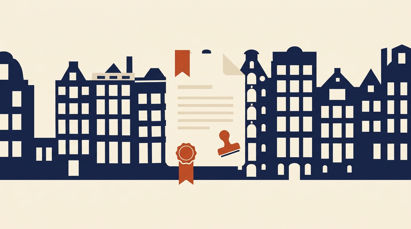 Illustration of hiring an employee in the Netherlands through an Employer of Record, showing Amsterdam canal houses connected to contract, BSN and payroll icons