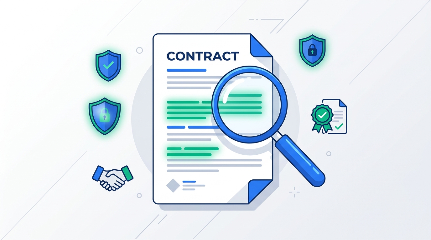 Illustration of a contract document being reviewed with a magnifying glass, highlighting key compliance clauses