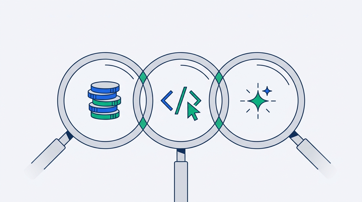 Illustration of three overlapping lenses representing the three criteria used to evaluate each tool: pricing and credit economics, no-code versus API interface, and AI-native extraction