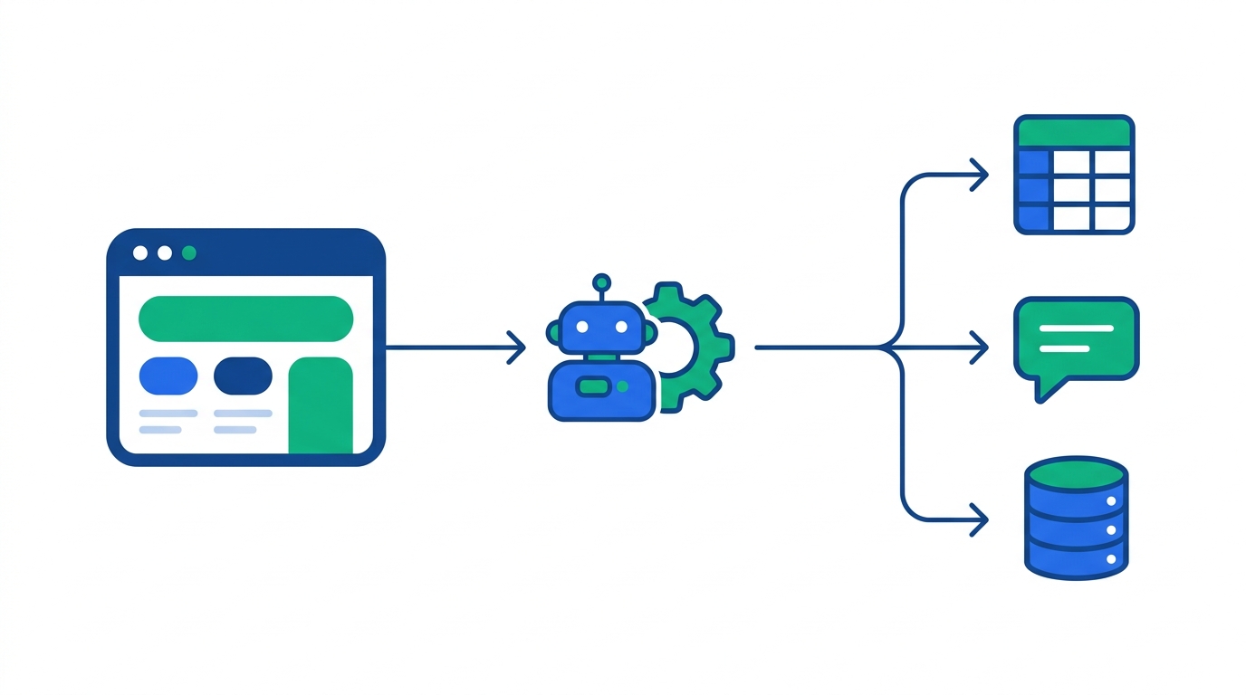 Diagram showing a typical automated web scraping pipeline: a website is scraped by an automation tool and the extracted data flows into a spreadsheet, a chat notification, or a database