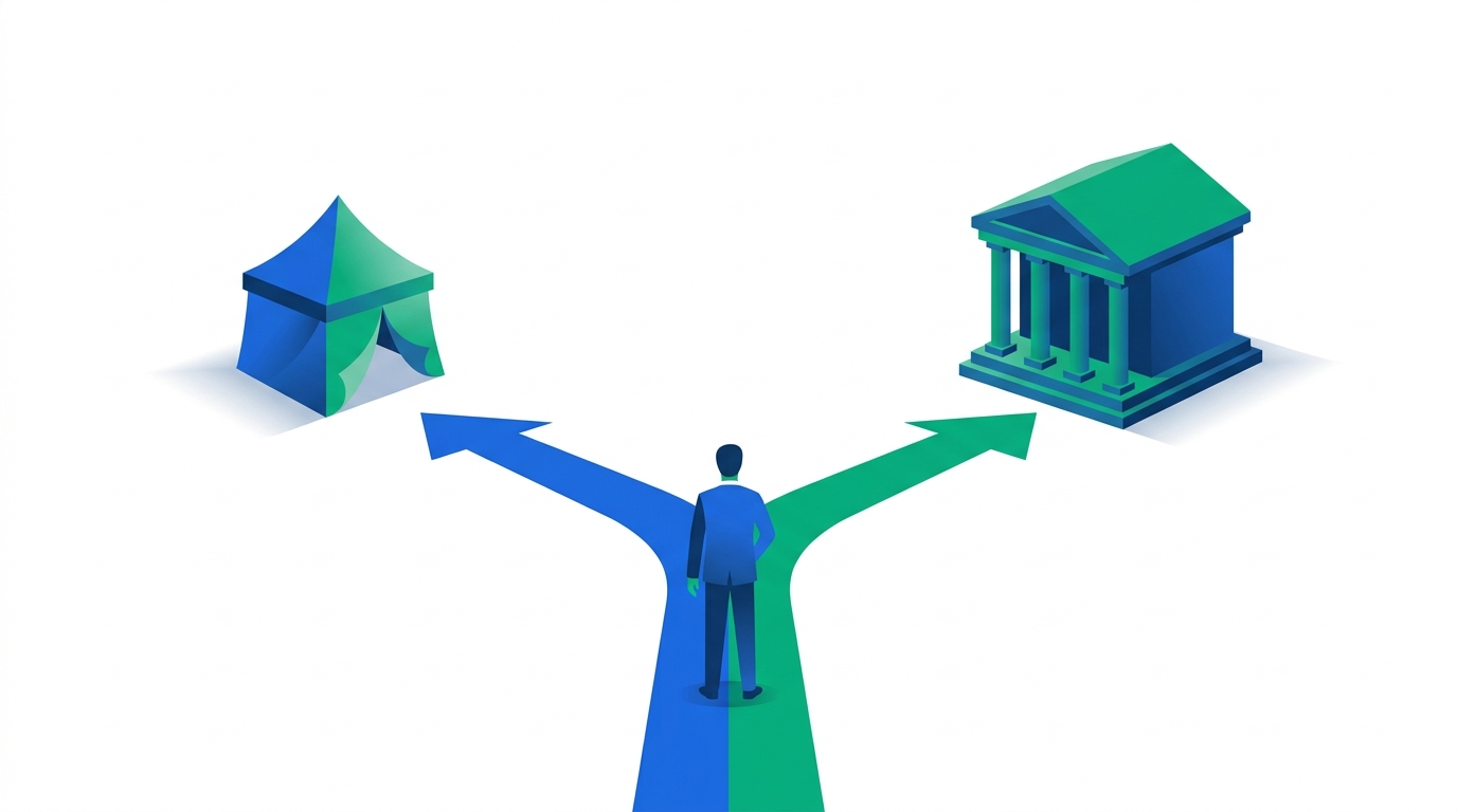 Illustration of a businessperson at a fork in the road choosing between an Employer of Record path and an owned legal entity path