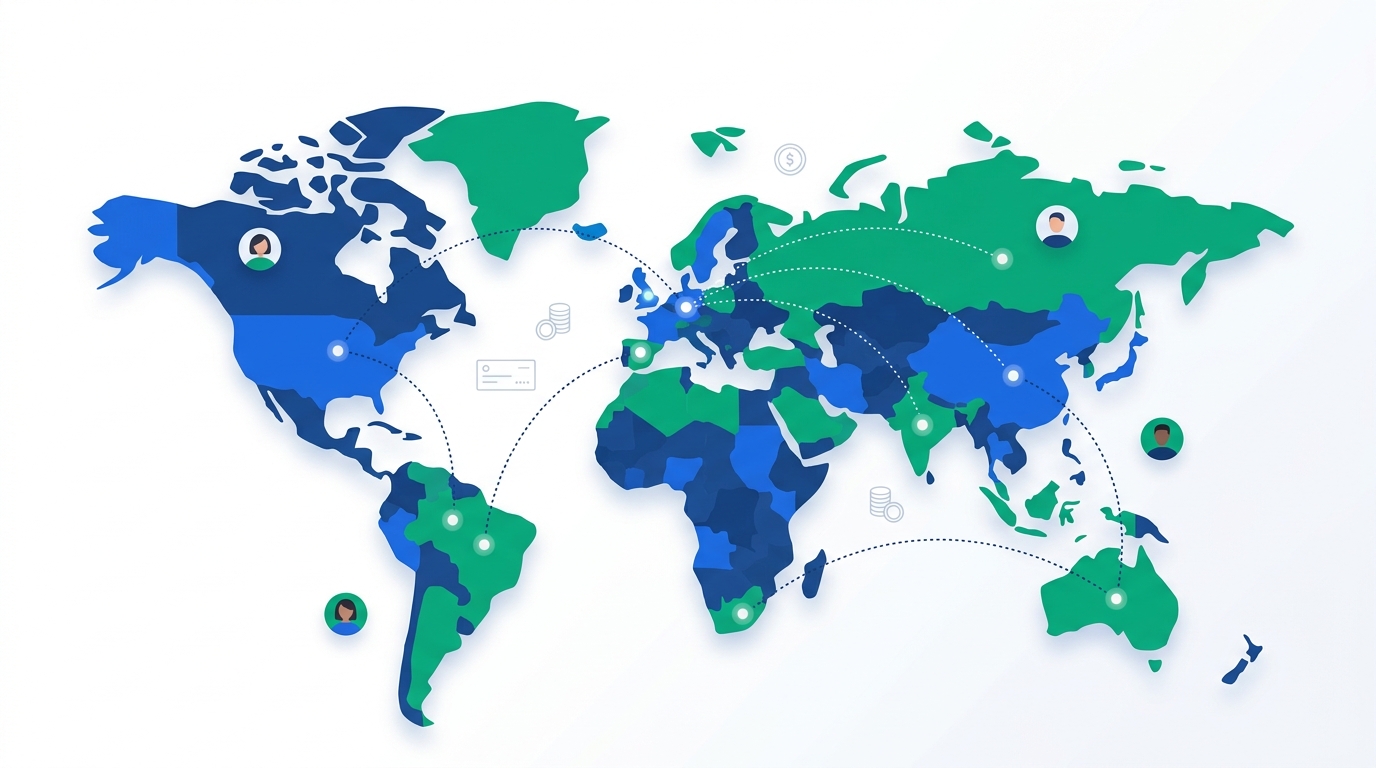 Conceptual illustration of a distributed global team connected by payroll and payment flows across a stylized world map, in blue and emerald tones