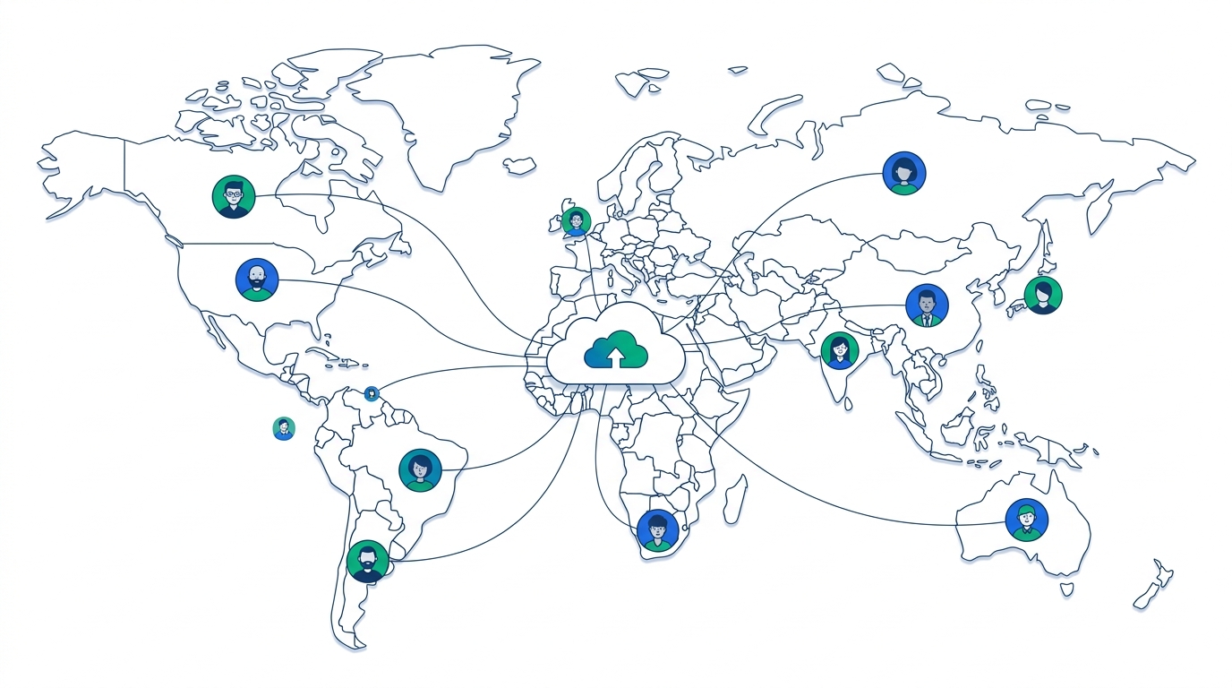 Illustration of a distributed team across a world map connected to a central cloud payroll platform, representing consolidated multi-country payroll