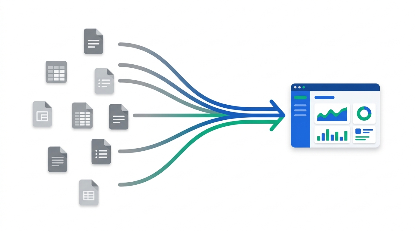 Illustration of scattered disconnected spreadsheet and document icons funneling into one unified payroll dashboard, representing consolidation of fragmented local payroll systems