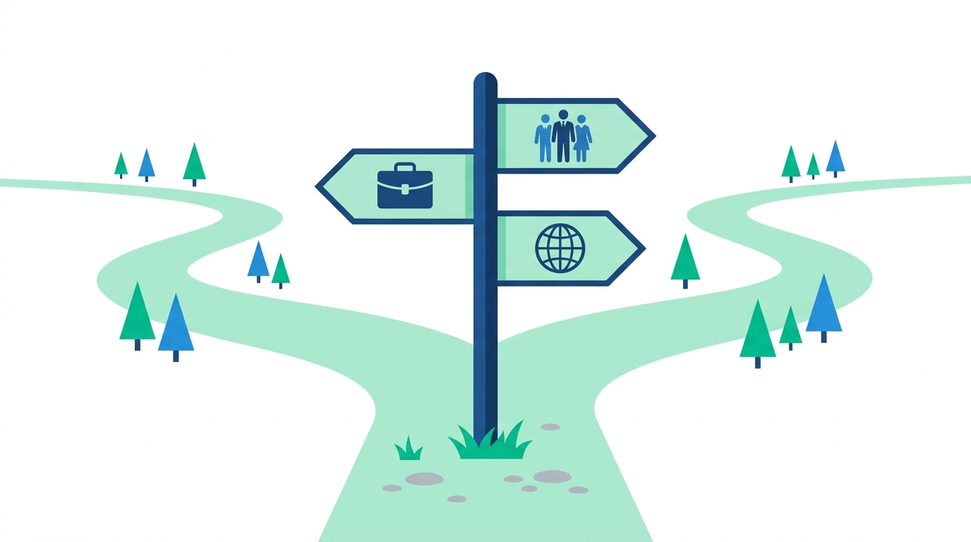 Flat illustration of a signpost splitting into paths toward icons representing a solo founder, a small team, and a global business
