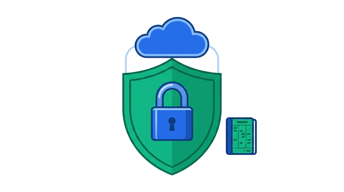 Flat illustration of a padlock shield connected to a cloud icon beside a ledger book, symbolizing secure cloud-based financial data