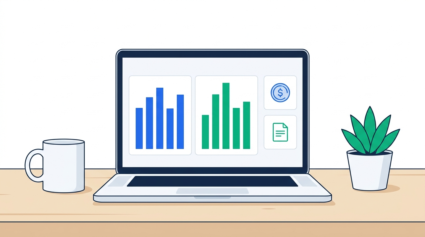 Flat illustration of a laptop on a small business owner's desk showing a simple financial dashboard with invoicing and expense charts