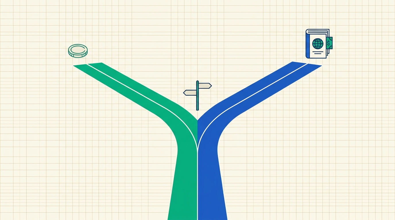 A conceptual illustration of two diverging paths on a ledger-textured background, one path minimal and one path more structured, representing a financial decision point.