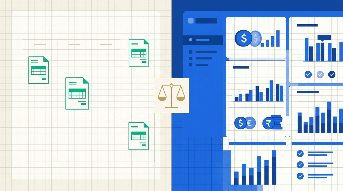 A split illustration contrasting a minimal free accounting ledger on one side with a fuller, feature-dense accounting dashboard on the other, joined by a balance scale.