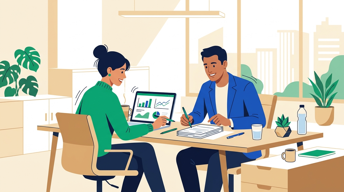A small team of two people reviewing invoices and financial documents together at a desk in a bright, modern office.