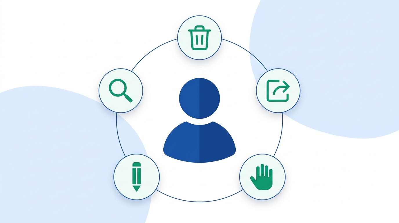 A diagram of a person icon at the center connected to five icons representing data subject rights: access, erasure, portability, rectification, and objection