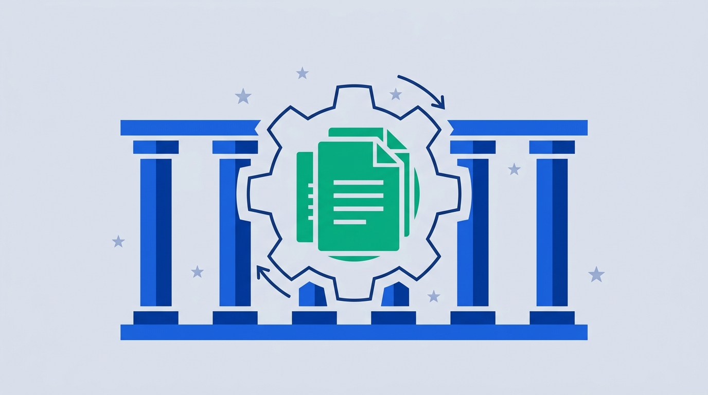 A stylized illustration of an EU administrative building with a gear and document icons overlaid, representing regulatory simplification
