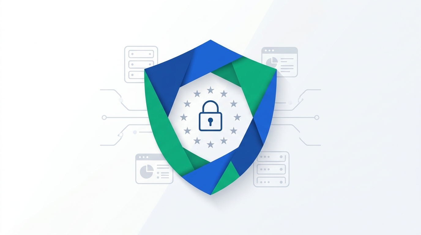 An abstract shield made of blue and emerald geometric panels with a ring of EU stars and a padlock at its center, representing GDPR data protection compliance