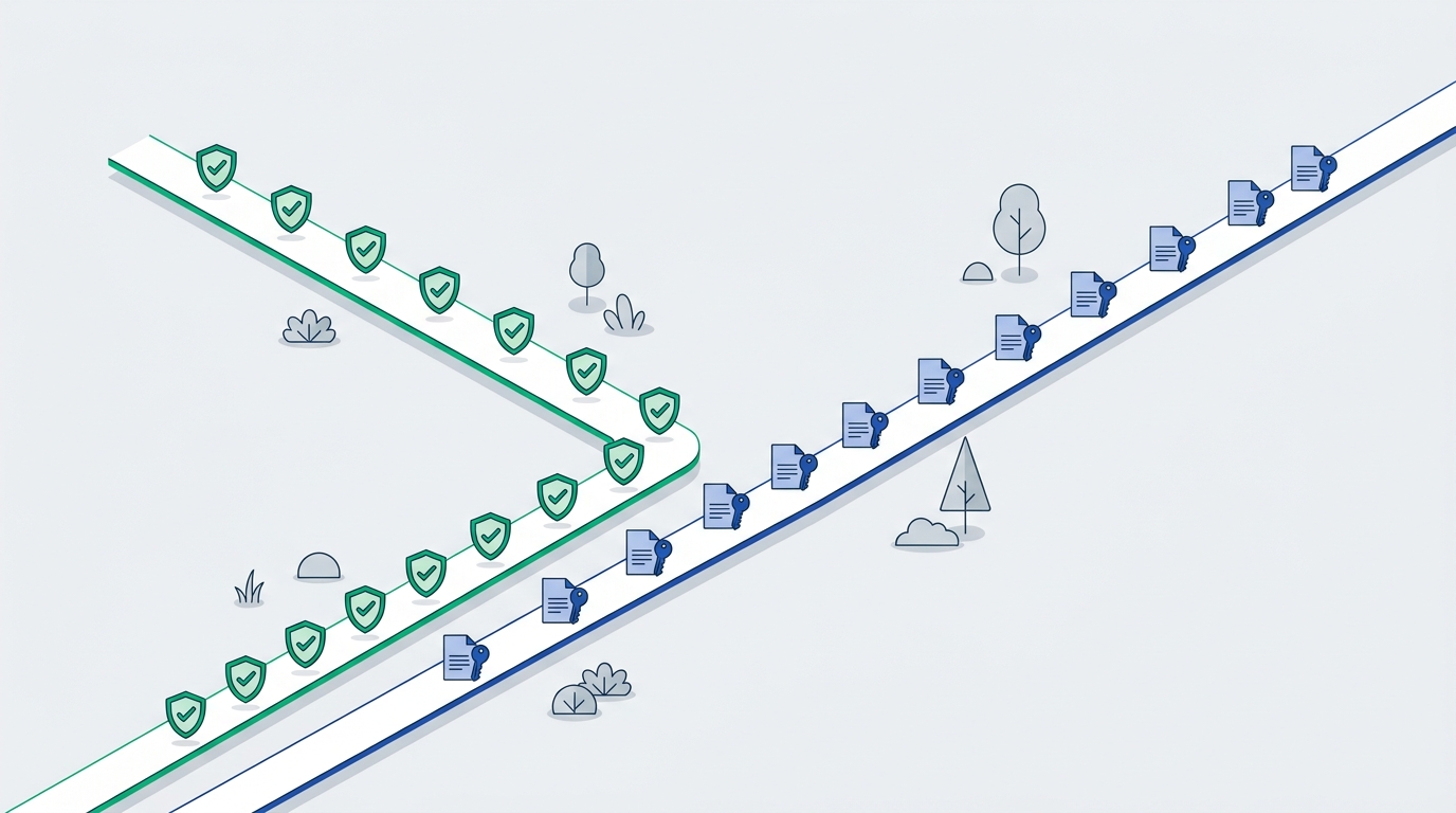 Two diverging paths, one lined with security-audit shield icons and the other with privacy-document icons, representing the split between SOC 2 security evidence and GDPR privacy operations
